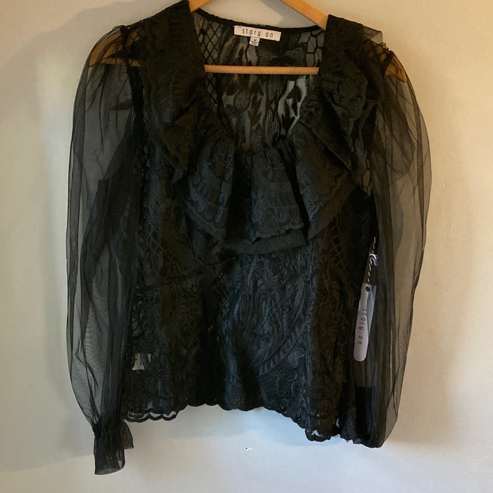 Story On Black Lace Ruffle Sheer Blouse